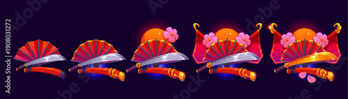 Samurai game rank badge. Vector asian award with cartoon katana swords, red fans, cherry blossom and golden sun, evolving into ornate victory emblem with glowing effects, japanese game rank badge