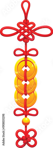 Chinese lucky knot pendant, Asian fortune amulet. Cartoon vector China Lunar New Year symbol of luck or wealth. Traditional trinket gift with gold coins, loop and red cord, isolated decorative element