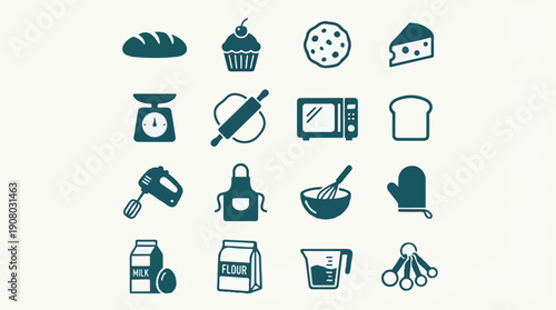 Baking and Cooking Essentials Icon Set: Kitchen Tools, Food, and Ingredients