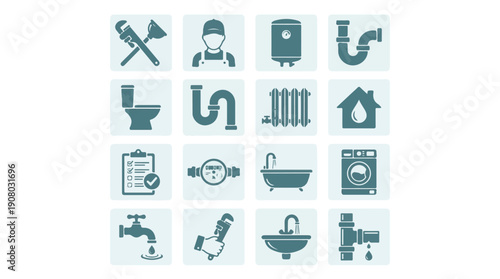 Plumbing and water supply system flat icons set, plumber service tools
