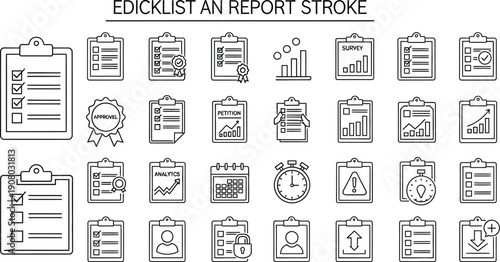 Collection of various outline vector icons representing administrative tasks document management reports surveys and checklist approvals for business concepts