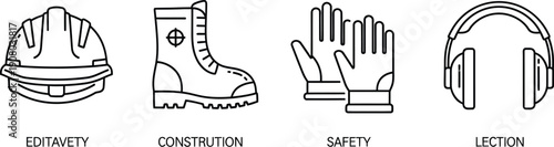 Collection of essential construction and industrial safety equipment icons featuring a hard hat boots gloves and protective earmuffs