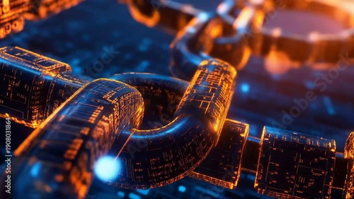 A close-up view of a glowing chain link, with each link representing a node in a network, highlighting the concept of secure, immutable data transfer in the digital realm.