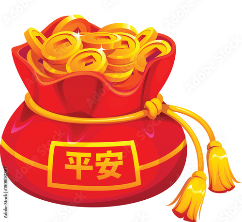 Chinese fortune red pouch with hieroglyph meaning peace and safety. Cartoon lucky money bag or purse tied with golden cord. Festive vector wallet for Lunar New Year celebration symbol of protection