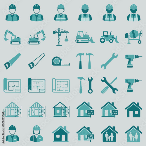 Construction and Real Estate Icons Set: Workers, Vehicles, Tools, Houses