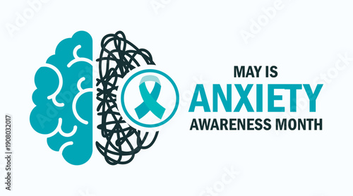 May is Anxiety Awareness Month poster vector illustration. Human brain and teal awareness ribbon icon. Mental health symbol. Template for background, banner, card. Important day
