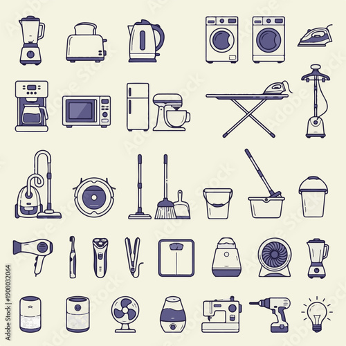 Collection of Modern Household Appliances and Electronic Devices Line Icons
