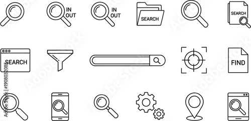 Collection of simple black outline icons representing various search find filter location and configuration functions for web design