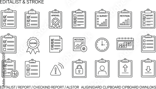 A collection of detailed black outline icons representing various administrative tasks like reports checklists petitions approvals surveys and security measures on clipboards
