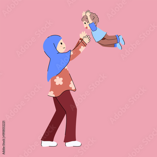 Vector of Happy Mother Lifting Her Child in the Air Illustration for Perfect for Mother’s Day themes, parenting content, family designs, greeting cards, posters, and social media visuals