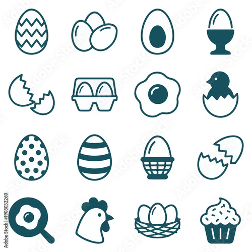 Egg related vector icons: food, breakfast, Easter, and cooking set