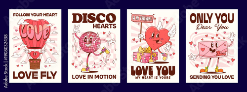 Y2K groovy posters of Valentine day holiday with love heart characters. Lovestruck heart character in hot air balloon, disco ball, heart with wings, love letter personage for playful wall art