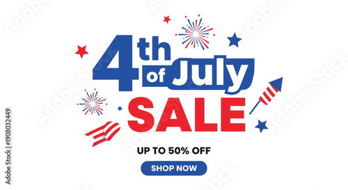 4th of July sale banner template, Independence Day discount offer, up to 50% off, shop now button, vector illustration for website or social media promotion, isolated on transparent background, png