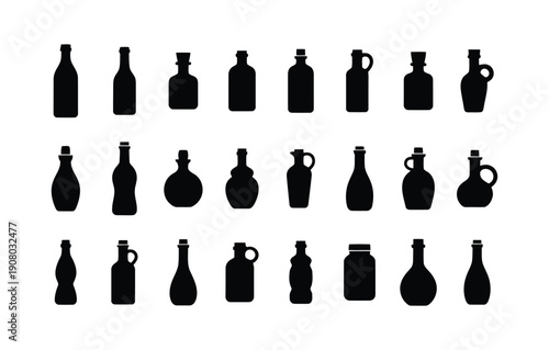 Black Bottle Silhouette Set Featuring Various Glass Containers for Beverage and Packaging Design
