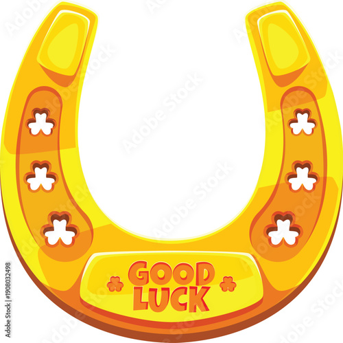 Irish Saint Patrick's day holiday horseshoe icon. Cartoon golden talisman adorned with good luck lettering and cut out shamrock shapes. Traditional vector horseshoe for Saint Patrick's Day decorations