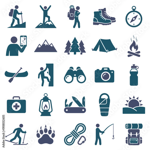 Outdoor Adventure and Camping Icons Set - Hiking, Travel, and Nature Symbols