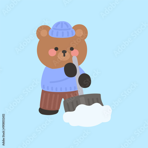 A cute bear shoveling snow off the ground