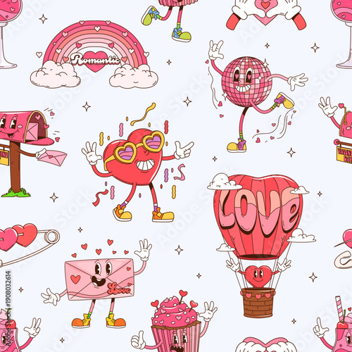 Groovy hippie Valentine's day characters seamless pattern. Red heart flying in hot air balloon, dancing disco ball, cupcake and cocktail shaking. Vector Valentine pattern for romantic apparel prints