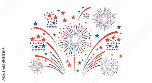 Red, white, and blue fireworks explosion with stars, patriotic vector illustration for Independence Day or 4th of July celebration, overlay effect for banner 