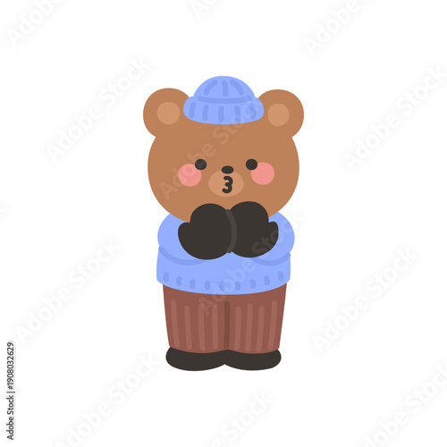 A cute bear blowing warm air into mittens