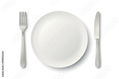 Vector 3d White Empty Plate with Fork and Knife. Table Setting Top View. Minimal Dinnerware Mockup for Restaurant Menu. Clean Ceramic Dish and Silver Cutlery. Dining Place Setting Isolated