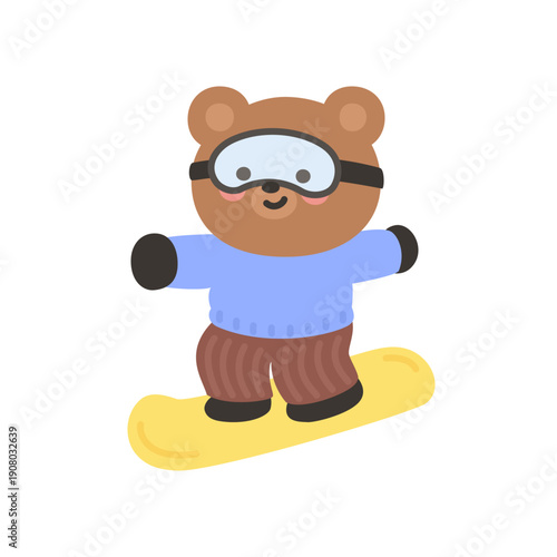 A cute bear snowboarding wearing goggles