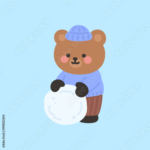 A cute bear rolling a large snowball