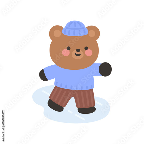 A cute bear walking on a slippery snowy surface