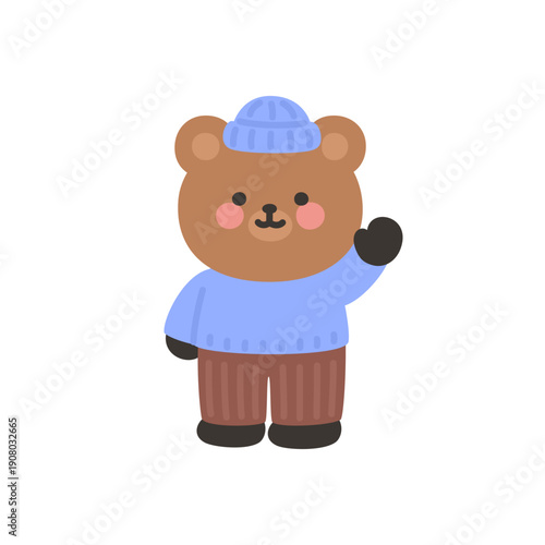 A cute bear waving happily while bundled up in warm winter clothing