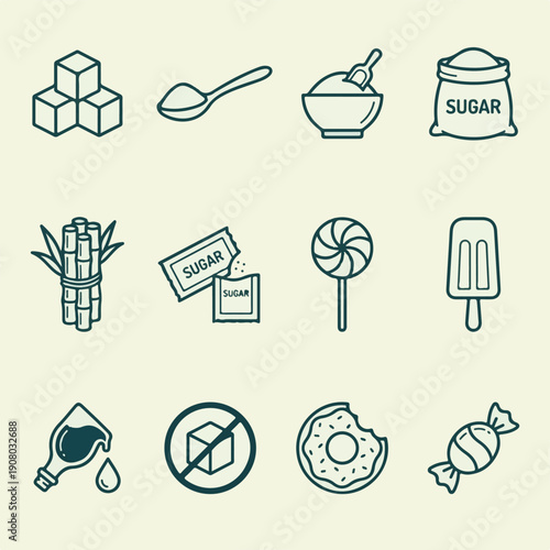 Sugar and Sweets Line Icons Set: Ingredients, Desserts, and No Sugar Symbol