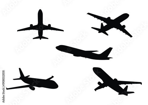 Black Airplane Silhouette Icon Set for Aviation, Travel, and Transportation Design
