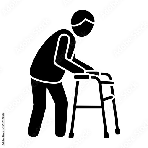 Black silhouette of senior or elderly person using walker or walking frame, vector illustration for healthcare or mobility aid icon, isolated PNG with Transparent Background