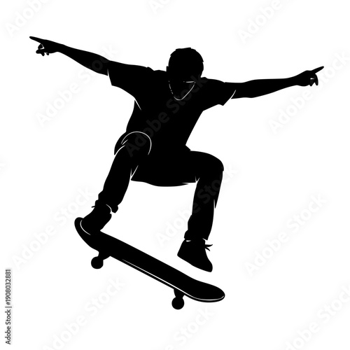 Silhouette of skateboarder in mid-air, vector illustration, action sports icon, for banner or poster, isolated PNG with Transparent Background