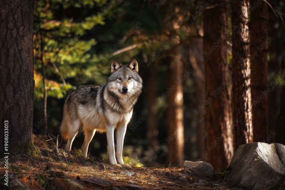 Obraz premium Majestic Wild Wolf in Coniferous Forest