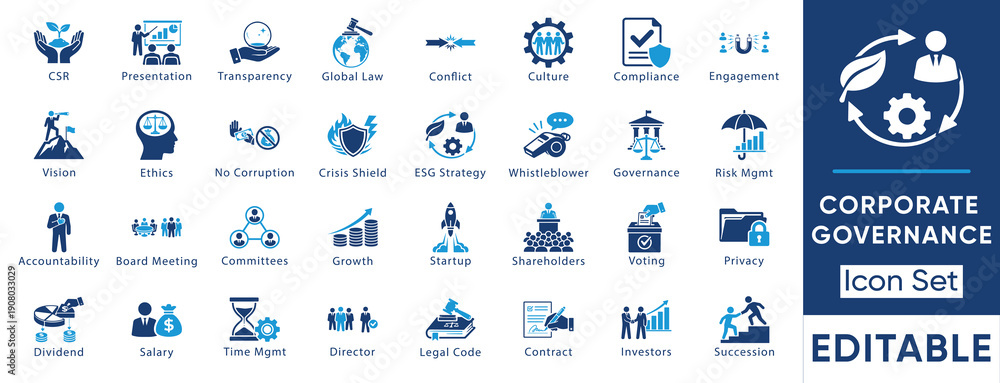 Obraz Corporate governance and management icon set. Vector collection including ESG strategy, whistleblowing, crisis shield, global law and ethics symbols.
