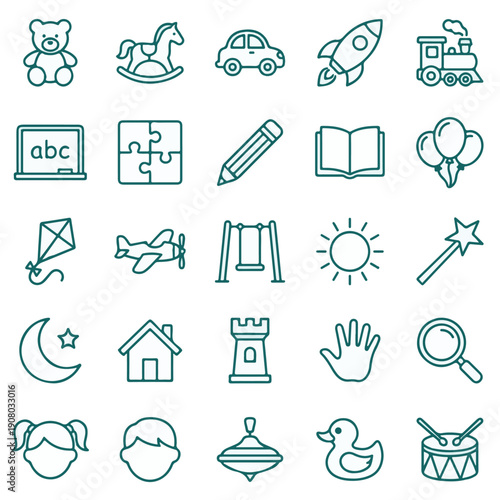 Collection of Children's Toys and Early Learning Line Icons Set