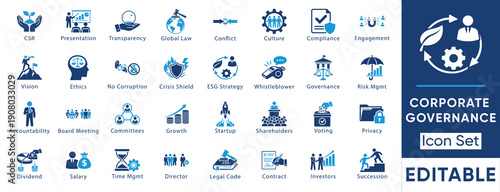 Corporate governance and management icon set. Vector collection including ESG strategy, whistleblowing, crisis shield, global law and ethics symbols.