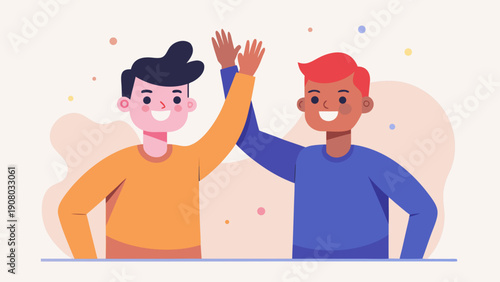 Two smiling cartoon men giving a high five celebrating teamwork friendship success flat illustration
