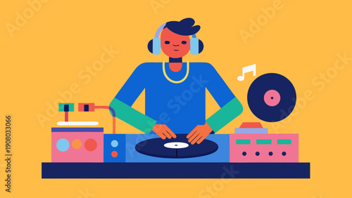 Cartoon dj woman mixing music on turntable with vinyl headphones and sound notes flat illustration