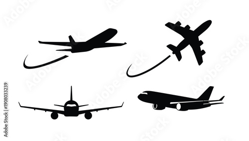 Black Airplane Silhouette Icons Set for Aviation, Travel, and Transportation Design
