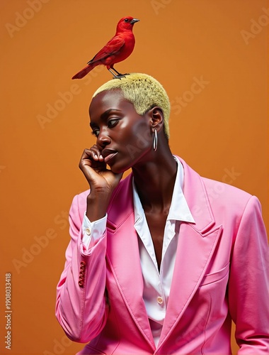 Woman with yellow hair and red parrot in pink blazer