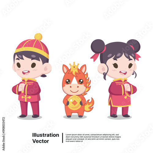 Children in traditional attire stand beside a mythical creature in a festive illustration from a straightforward viewpoint