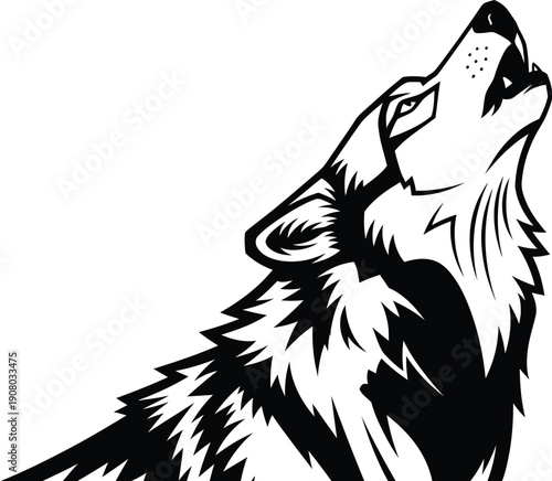 Dramatic black and white illustration of a wolf's head howling, with detailed fur texture and aggressive lines.