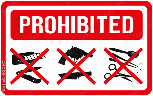 Red sign prohibiting pocketknives, knives, scissors, chopsticks, knives, revolvers, cutting blades, illustration, label, sticker.