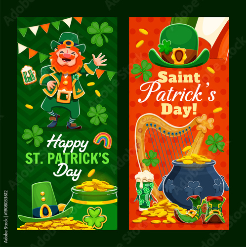 Happy Saint Patrick's day holiday banners. Cartoon vector vertical greeting cards with leprechaun character, shamrocks, gold coins, pot, beer and traditional festive Irish symbols for seasonal party