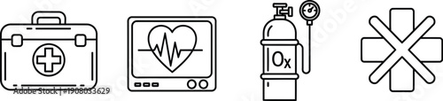 A set of four essential black line art medical icons depicting first aid equipment vital signs monitoring oxygen tank and emergency symbol clearly isolated on white