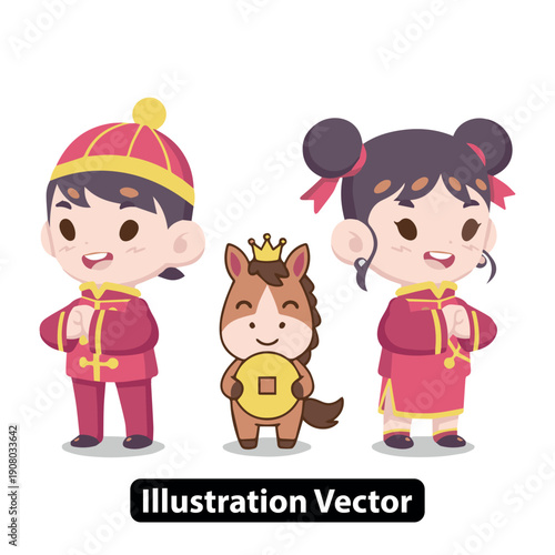 Children and horse illustration in traditional clothing standing together