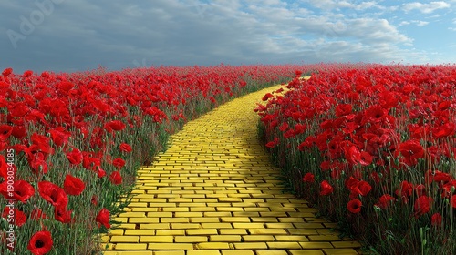 Yellow brick road winding through a field of vibrant red poppies under a dramatic sky