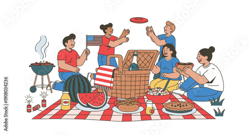 Vector illustration of a family having a picnic on a red and white checkered blanket, with barbecue grill, food, and drinks, Isolated on transparent background, png