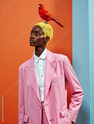 Woman with yellow hair and red parrot in pink blazer